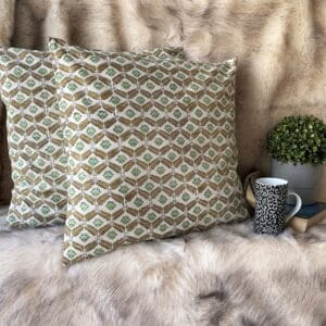 “Govind Dev” Pure Cotton Cushion Covers – Green & Beige Geometric Hand Block Print (Set of 2)